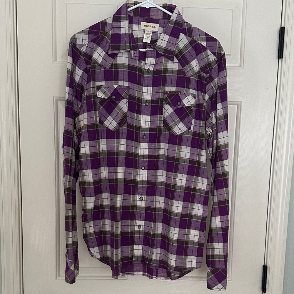 Diesel Purple and Gray Plaid Casual Button Down Shirt